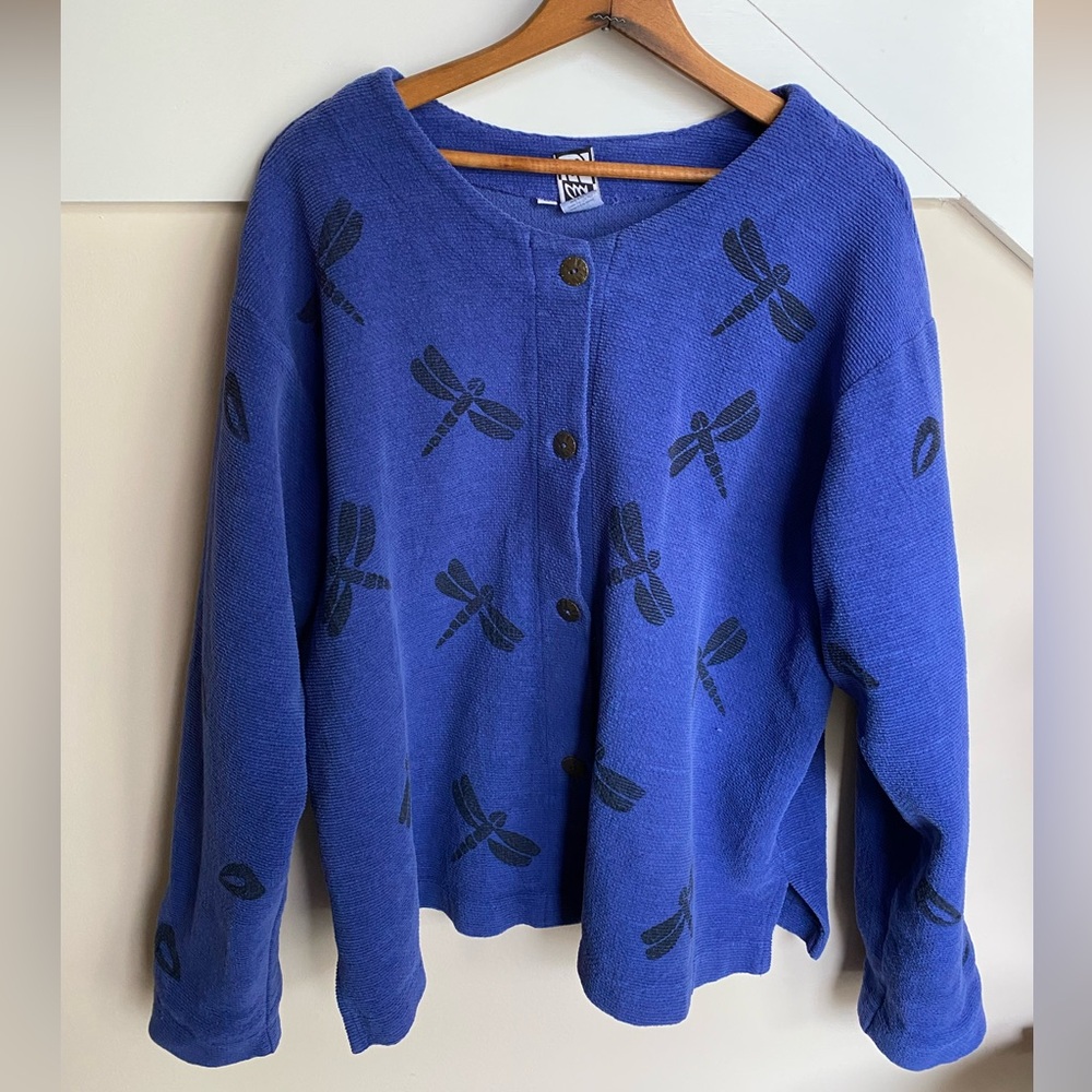 Ad Libz Lagenlook Jacket Blazer Women Large Blue Art to Wear Cotton Dragonflies
